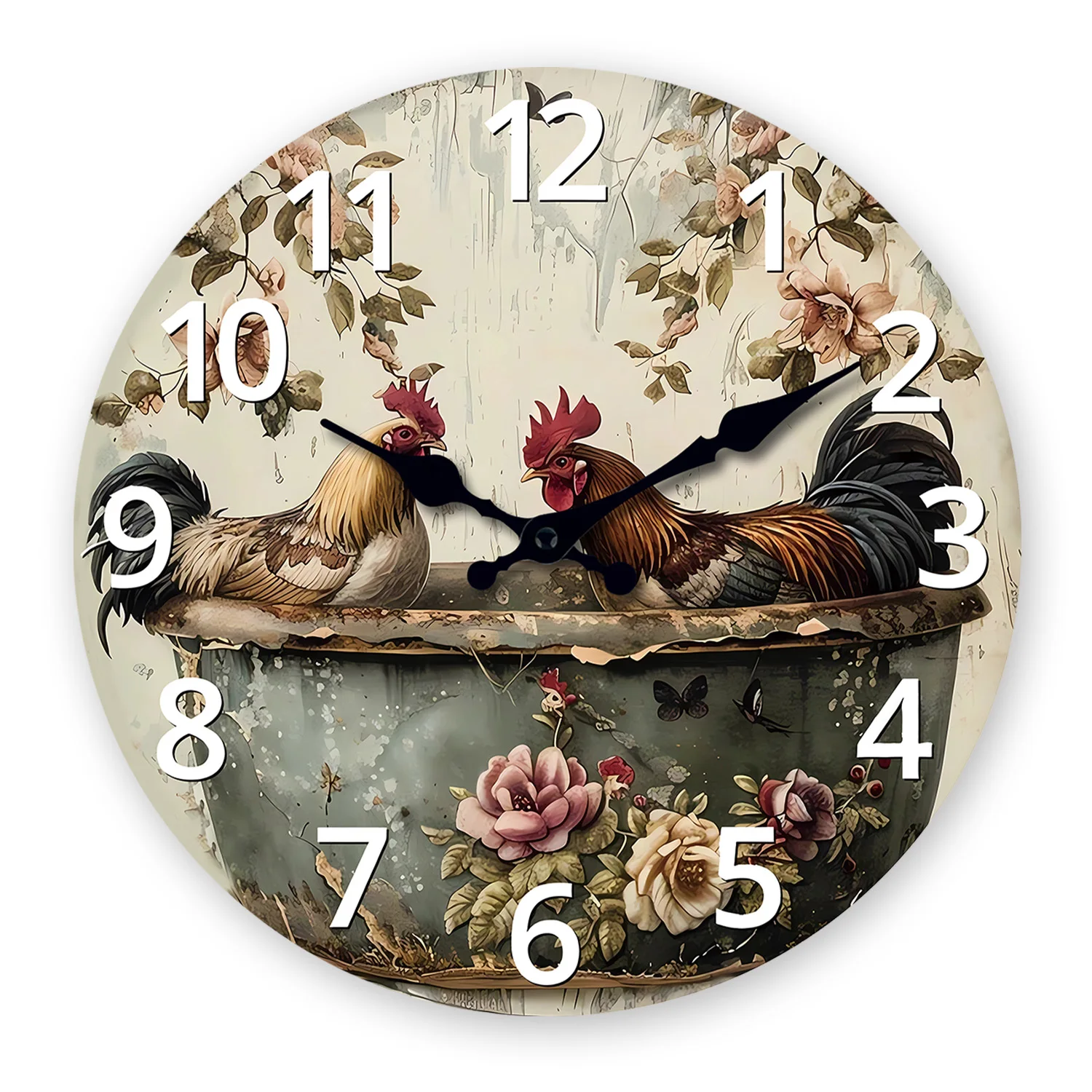 Relógio de parede vintage em madeira estilo fazenda (30 cm) com estampa de galo, silencioso e com mecanismo de quartzo, ideal para presentes de Natal.