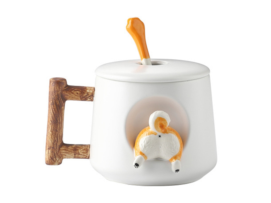Chávena de Café em Cerâmica Caneca com Design de Shiba Inu em 3D com Cabo de Madeira e Colher Ideal para Presentes 420Ml. NEVEANCE