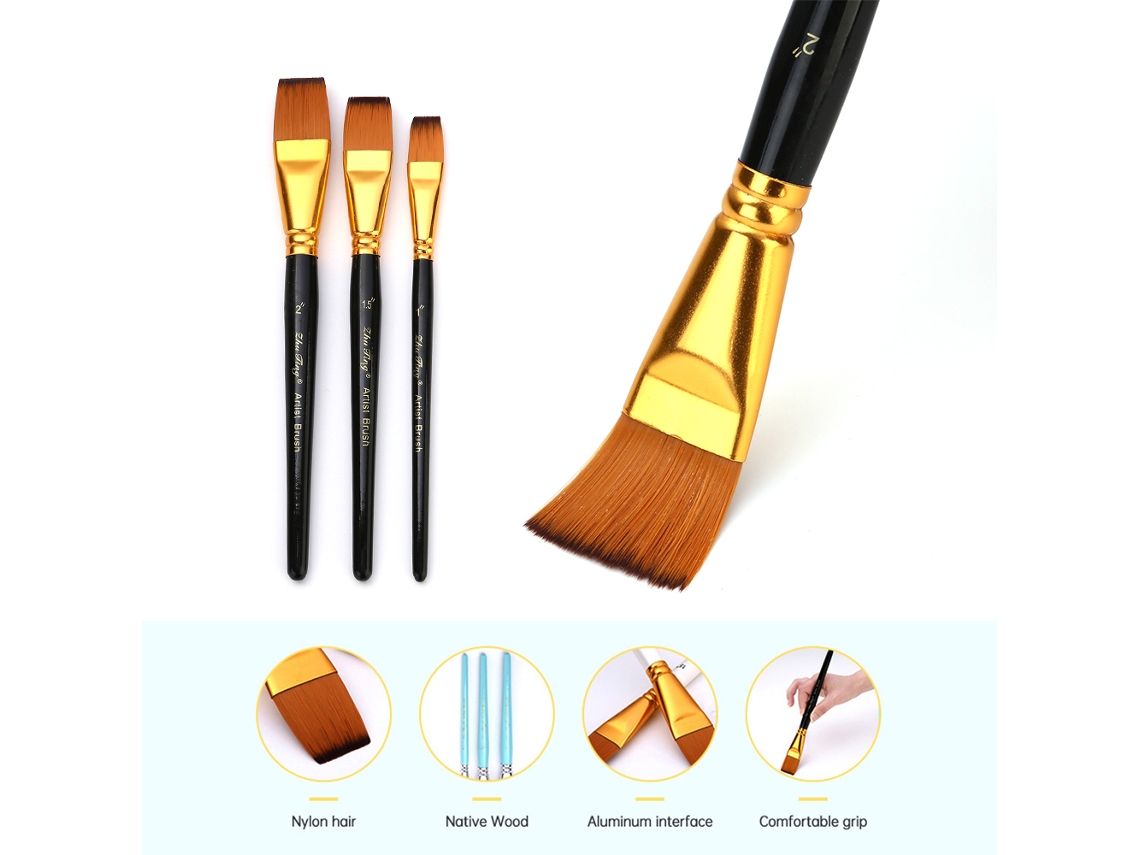 Conjunto de 3 Pincéis Planos para Água Gouache e Acrílico Cerdas de Náilon S/MARCA