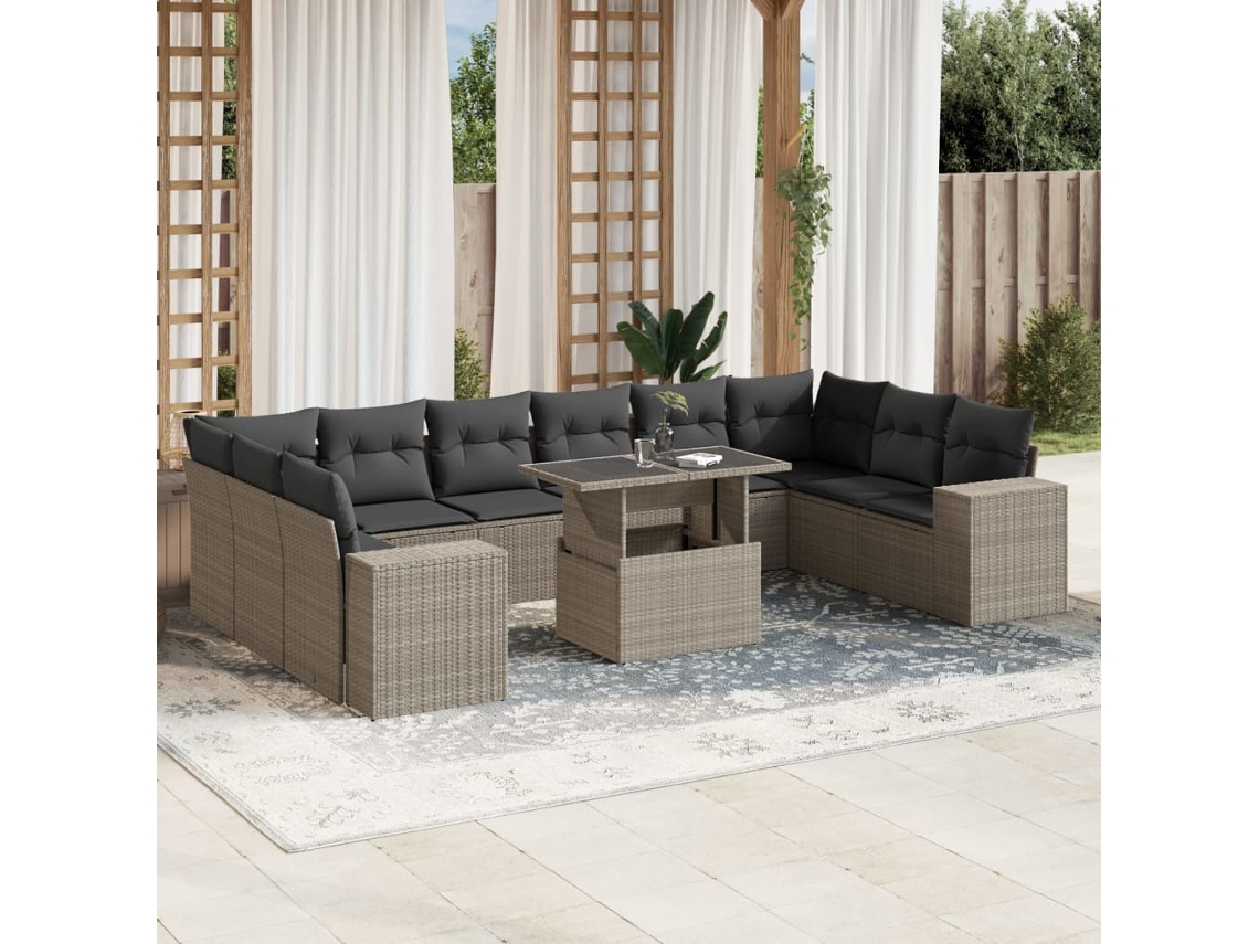 Vidaxl 11 Pcs Conjunto Sofás de Jardim C/ Almofadões Vime Pe Cinzento