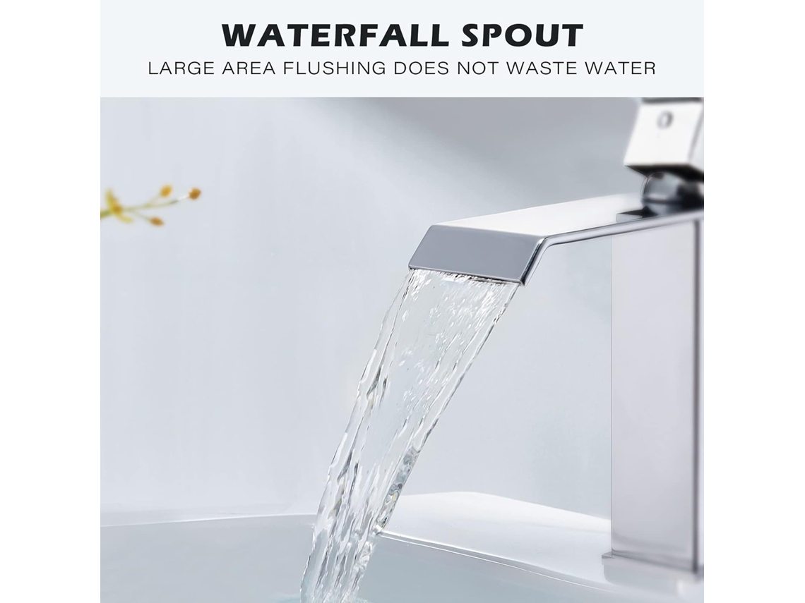 Torneira cascata em aço inox com ralo, acionada por mola, monocomando, formato quadrado, cromada MDUG