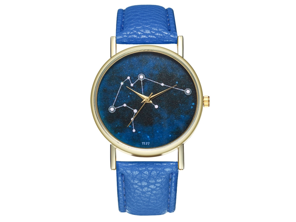 Relógio de pulso de quartzo com mostrador céu estrelado e pulseira de couro para mulheres e homens, azul safira