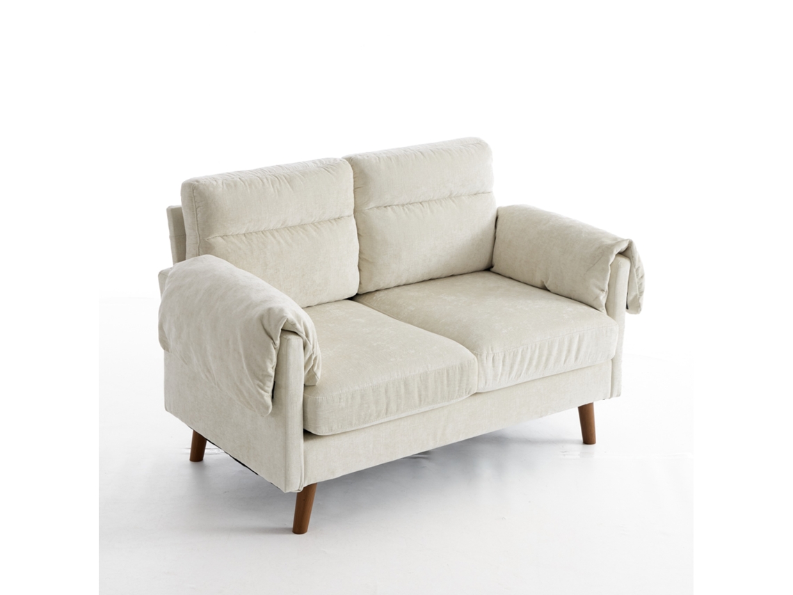 Sofá compacto de chenille para 2 pessoas, estilo meados do século, tecido liso, almofadas confortáveis, ideal para sala de estar e quarto, bege
