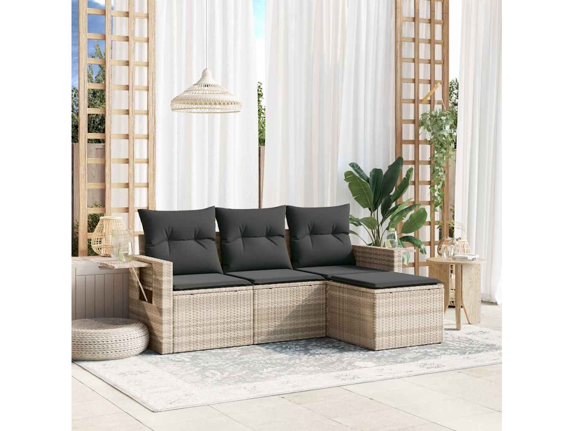 Vidaxl 4 Pcs Conj. Sofás Jardim C/ Almofadões Vime Pe Cinzento-claro