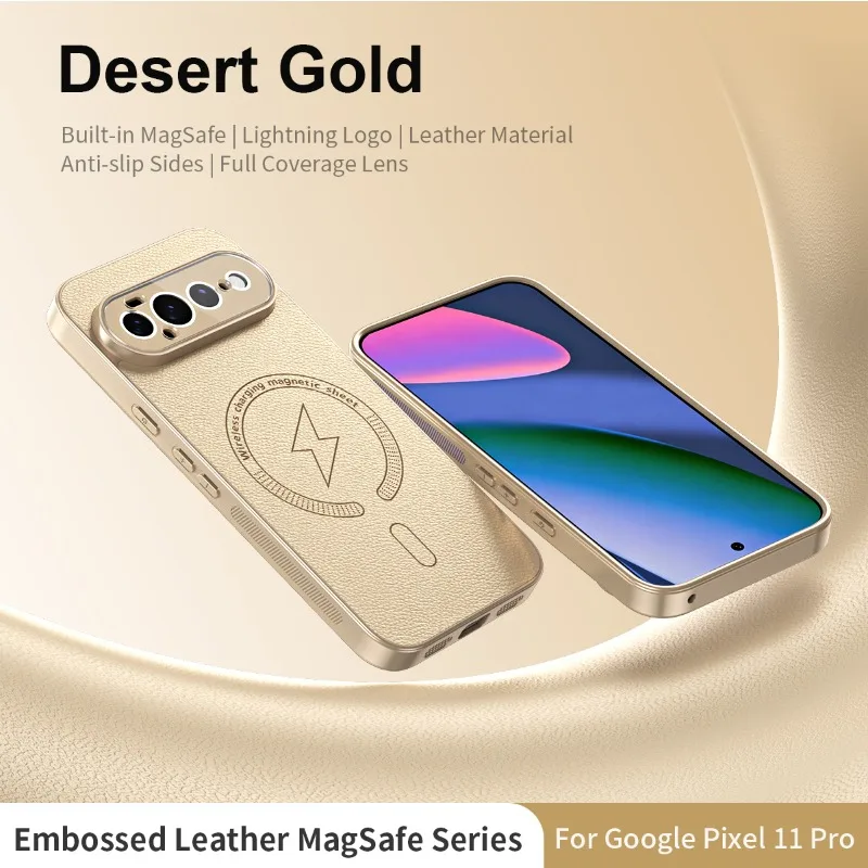 Capa Magnética Para Celular Em Couro Fosco Texturizado (dourada) Para Google Pixel 10a Com Carregamento Sem Fio.