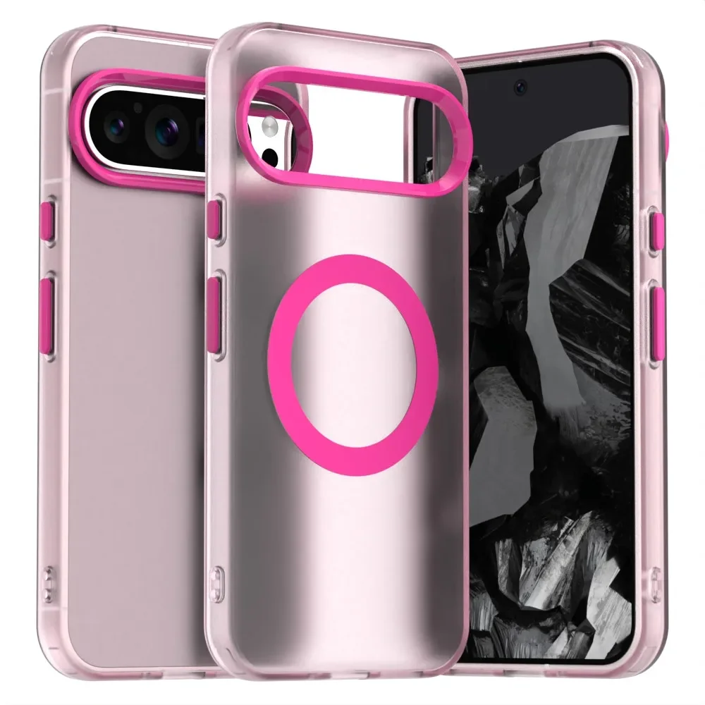 Capa Transparente Fosca Cristalina (vermelho Rosado, Google Pixel 10), Resistente A Impactos, Com Carregamento Sem Fio Magnético.