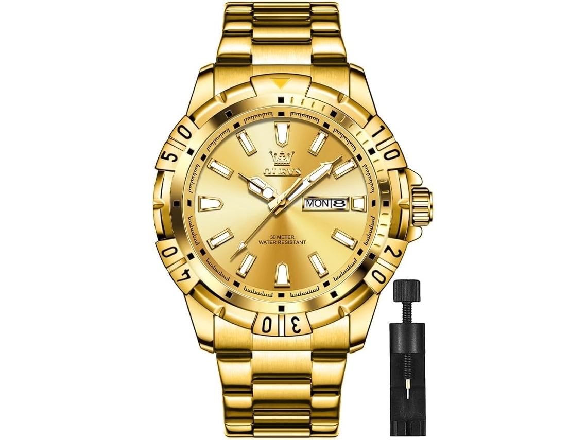 Lurelia Relógio Mecânico Masculino, Movimento De Quartzo, Analógico, Cronógrafo, Data/calendário, Luminoso, Duplo Fuso/mostrador, 42 Mm, Abs, Dourado