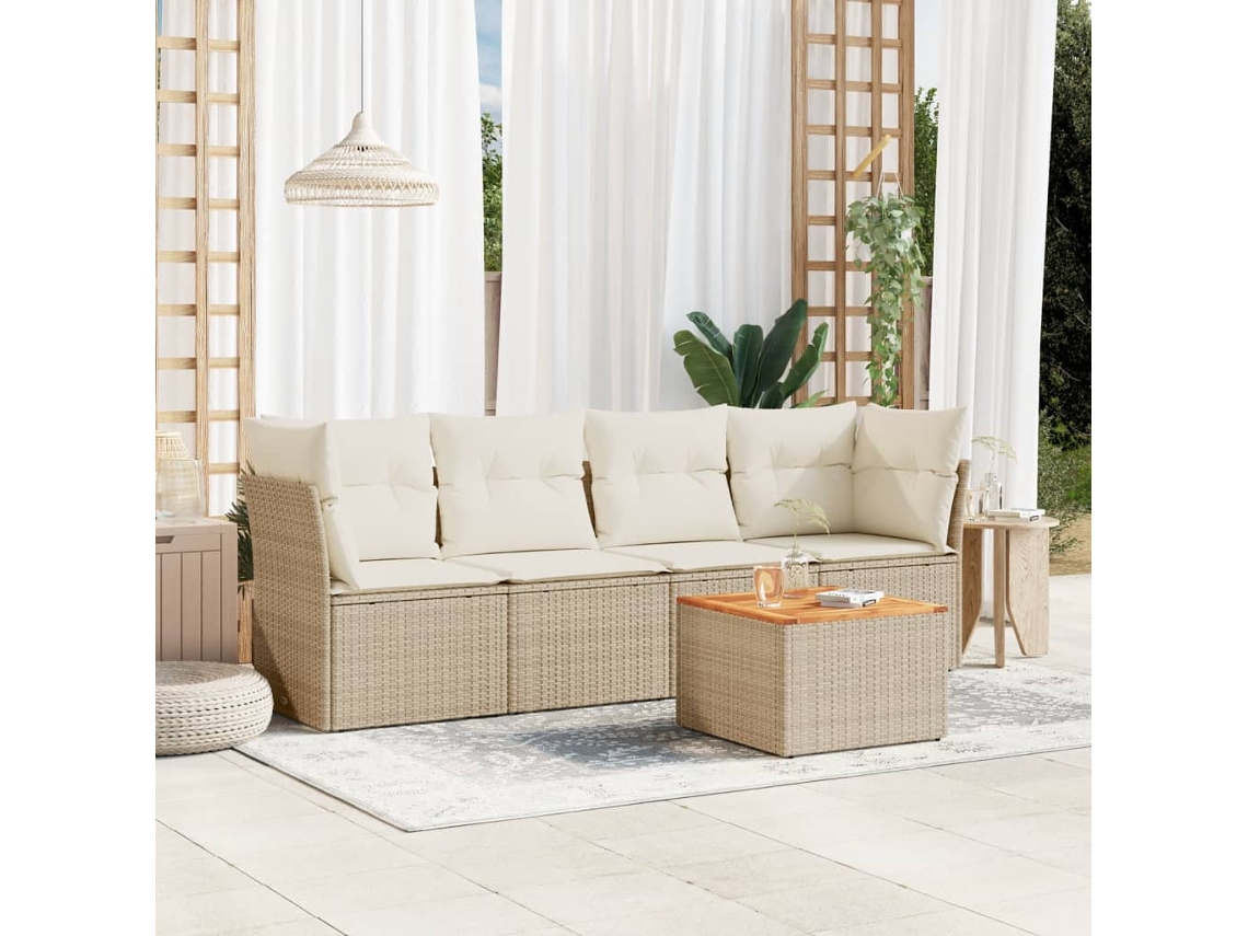 Vidaxl 5 Pcs Conjunto De Sofás P/ Jardim Com Almofadões Vime Pe Bege