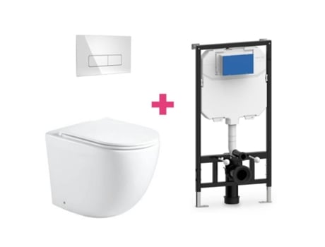 Conjunto de vaso sanitário suspenso de cerâmica Genova com cisterna e botão de pressão retangular cromado Aquore