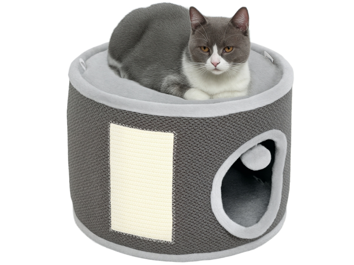 Caverna de gatos 2 andares, pelúcia, almofada, arranhador sisal, 40x30cm cinza