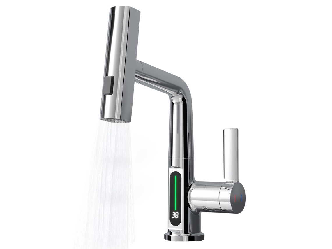 Faucet De Cozinha Com Sprayer Retrátil Led Ajuste De Altura 3 Modos Inox