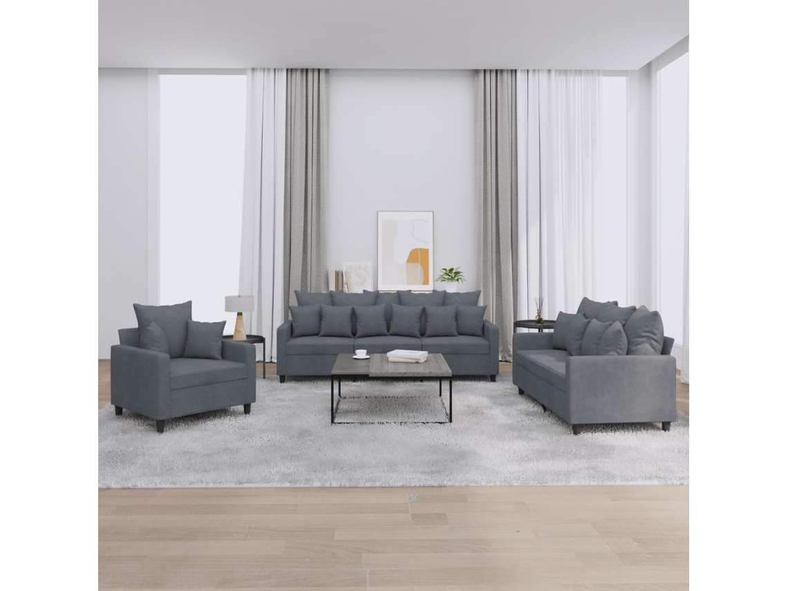 Vidaxl 3 Pcs Conjunto de Sofás com Almofadões Veludo Cinzento escuro