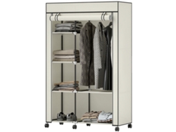 Roupeiro De Tecido Dobrável Com 6 Prateleiras 1 Barra De Pendurar E Rodas Para Dormitório Vestidor 103x43x162,5 Cm Creme