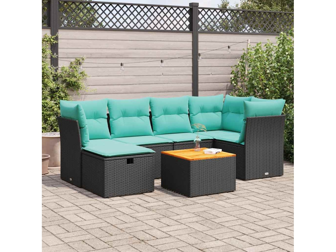 Vidaxl 7 Pcs Conjunto De Sofás P/ Jardim C/ Almofadões Vime Pe Preto