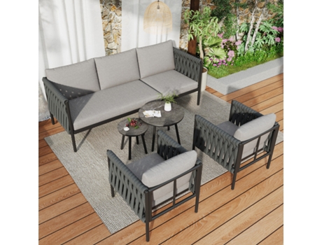 Conjunto de Lounge de Jardim para 5 Pessoas Mesa 2 Poltronas Sofá Poliester L177 X P63xh68cm Cinza KASHEMANO