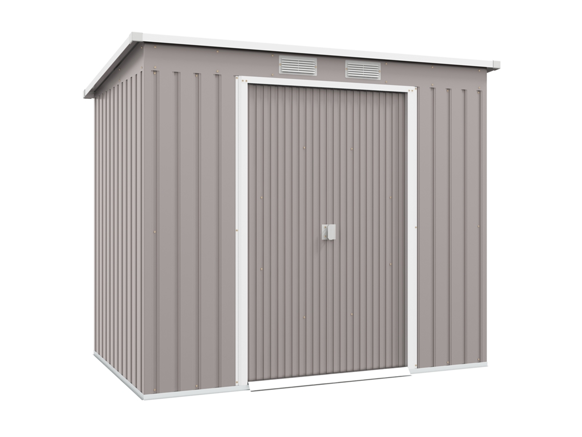 Abrigo De Jardim Exterior Em Aço Galvanizado 213x130x172 Cm, Porta De Correr Para Armazenamento, Cinza Claro