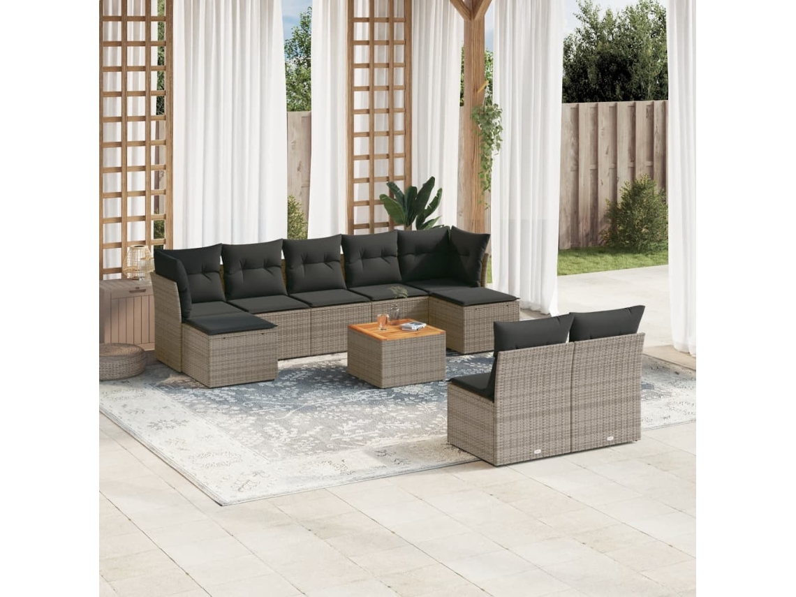 Vidaxl 10 Pcs Conjunto Sofás de Jardim C/ Almofadões Vime Pe Cinzento
