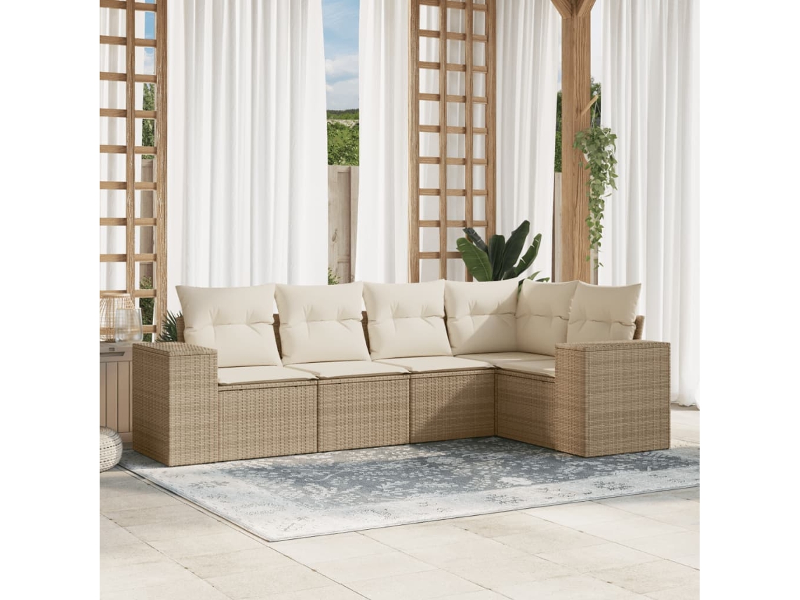 Vidaxl 5 Pcs Conjunto De Sofás P/ Jardim Com Almofadões Vime Pe Bege