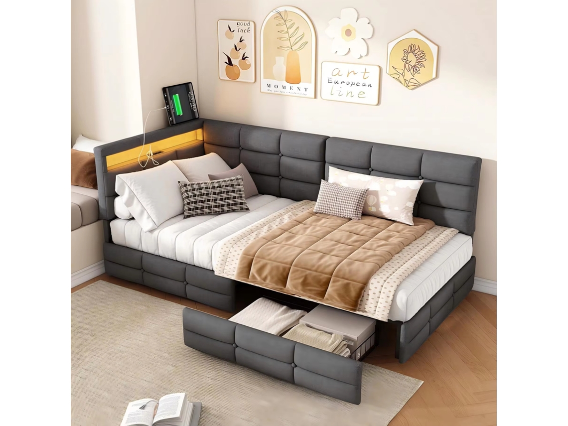 Cama Estofada Em Formato De L, 90x200cm, Com Porta Usb Para Carregamento, Led, 2 Gavetas, Tecido De Linho, Cinza