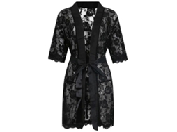 Bata Kimono de Encaje Floral, com Cinto de Seda e G String, Tamanho XXL, Branco e Preto