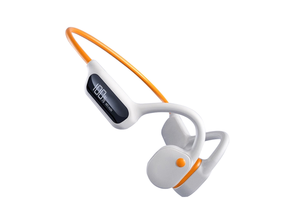 Fones De Ouvido Bluetooth Sem Fio (laranja E Branco), Compatíveis Com Condução Óssea, Visor Digital, À Prova D'água E Armazenamento Em Cartão Sd.