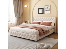 Cama Casal Elegante 160x200 Cm, Bege, Capitonê, Pés Madeira