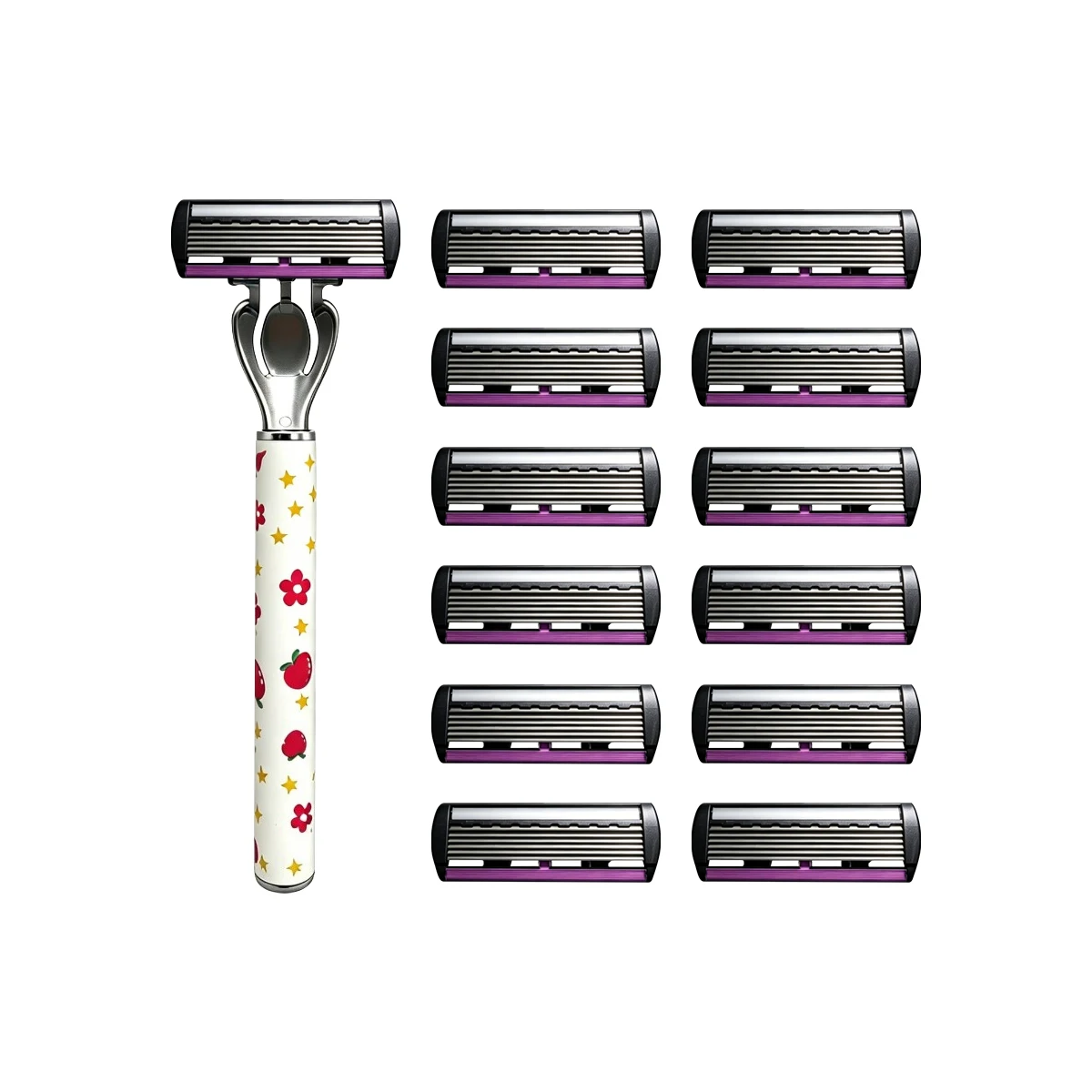Aparelho De Barbear Manual Com Padrão De Morango, 6 Lâminas De Precisão E Cabeça Substituível.