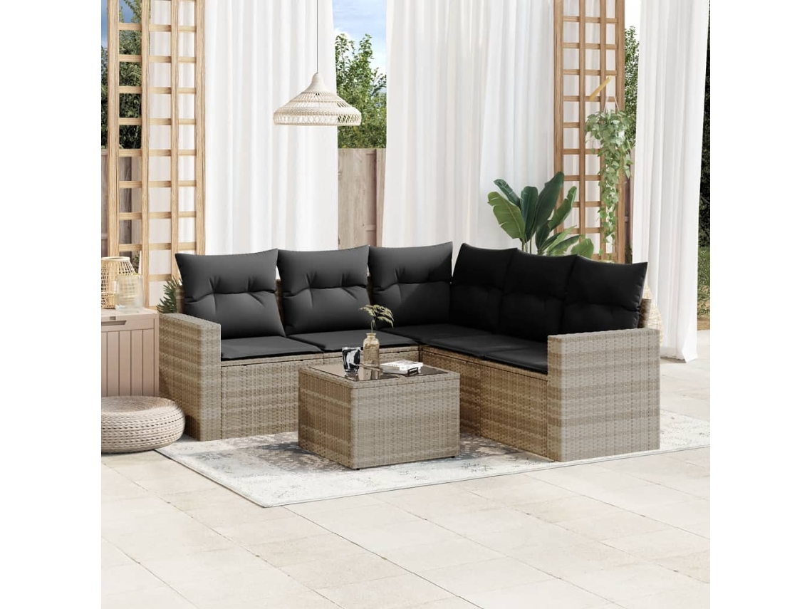 Vidaxl 6 Pcs Conj. Sofás Jardim Com Almofadões Vime Pe Cinzento-claro