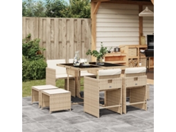 9 Pcs Conjunto De Jantar P/ Jardim Com Almofadões Vime Pe Bege Dkd Home Decor