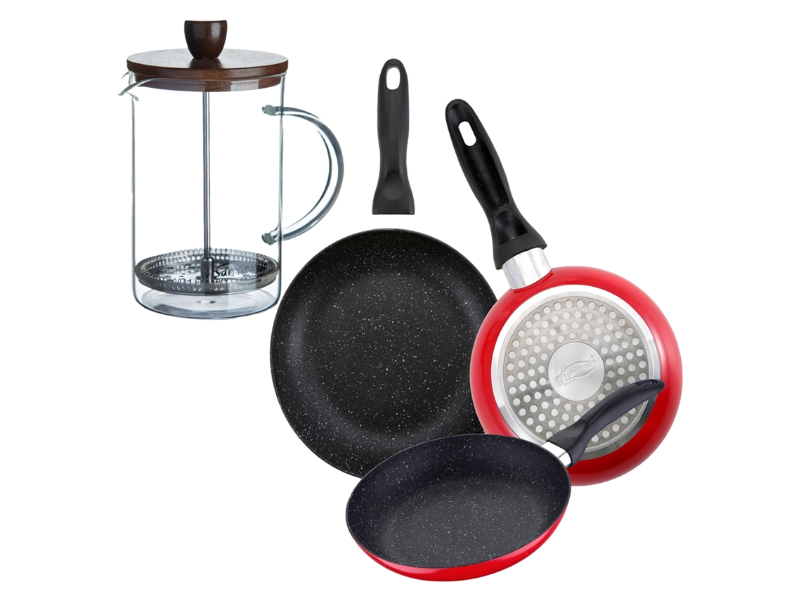 Jogo De 3 Frigideiras Bergner Em Mármore Vermelho Marinho, Ø16ø20ø24cm, Com Cafeteira De Êmbolo.