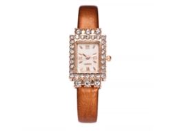 Relógio de Pulso Feminino Vansvar Quadrado com Cristais Pulseira de Couro Pu Marrom