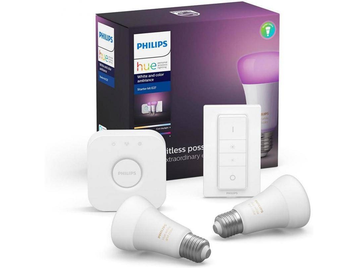 Kit 2 Lâmpadas Inteligentes + Ponte + Comando PHILIPS HUE  (E27 - Branco e cor)