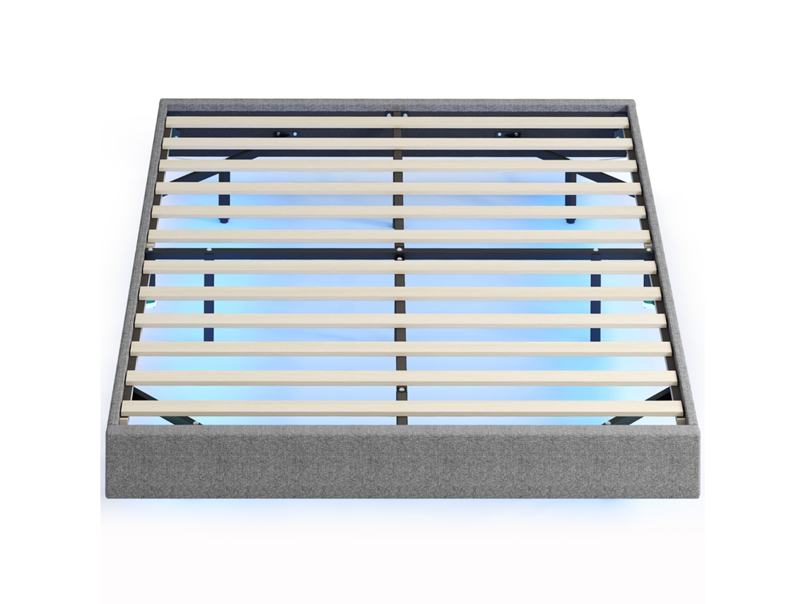 Base de Cama 140x190 Cinza com Estofado em Linho, Luzes de Led e Ripas de Madeira | S/MARCA