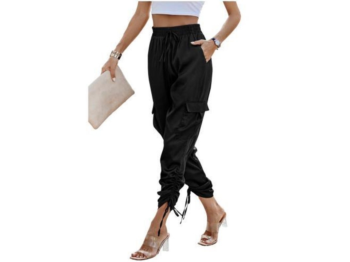 Calça jogger feminina Rebe de cintura alta em cetim, calça comprida casual e confortável com bolsos, tamanho grande, preta.