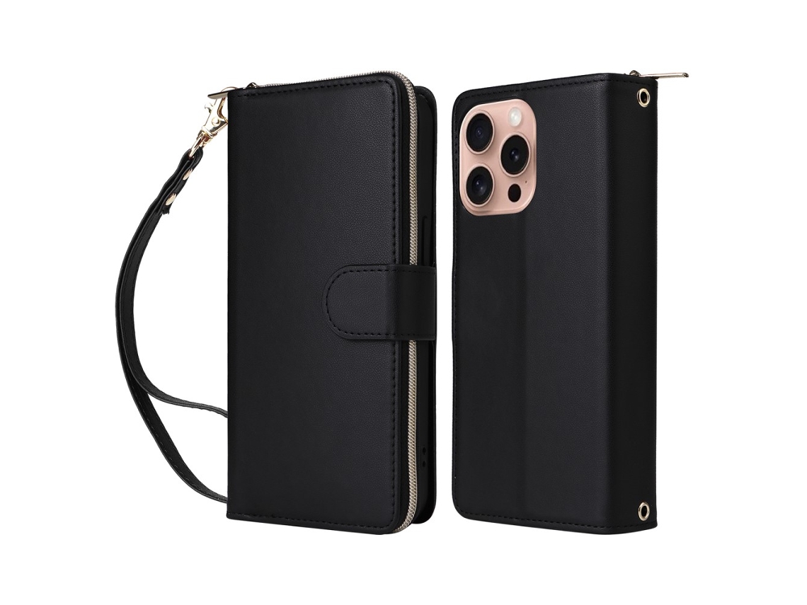 Capa Em Couro Pu Cor Preto, Para Iphone 16 Pro