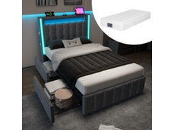 Cama Solteiro 90x200cm Com Usb-c, Led, Gavetas E Colchão Cinza
