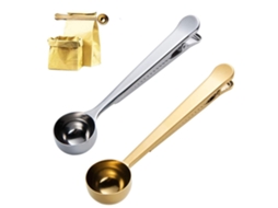 Conjunto De 2 Colheres Medidoras Café Com Prendedor Para Saco, Em 1, Aço Inoxidável, Vedação Moído (prata + Dourado)