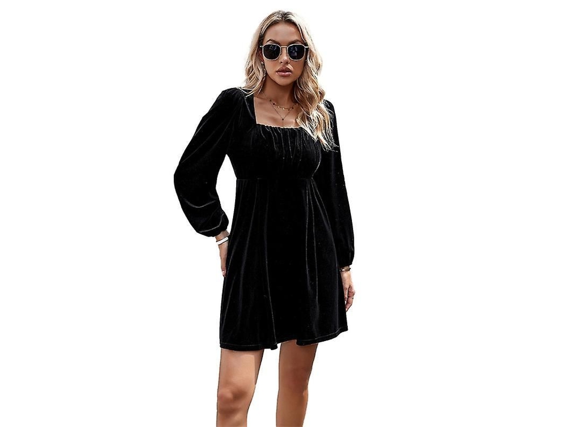 Fasst vestido de Terciopelo de Manga Larga de Cuello Cuadrado Alto Con Falda Fluyente para Mujer