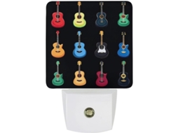Luminária noturna LED em formato de guitarra musical com sensor crepuscular.