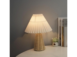 Abajur de mesa vintage com cúpula plissada e base de rattan, pequeno abajur para cabeceira, luminária de mesa com tecido liso.