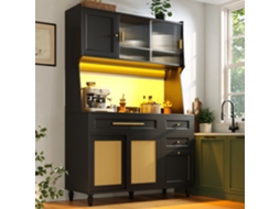 Armário Cozinha Preto, Vitrine Led, Rattan Pe, 3 Gavetas.-hm