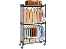 Cabideiro de Chão para Roupas com 4 Rodas, 2 Barras e Prateleiras Superior Inferior, Aço Capacidade Carga 136 Kg, Dimensões 915 X 450 2040 Mm,