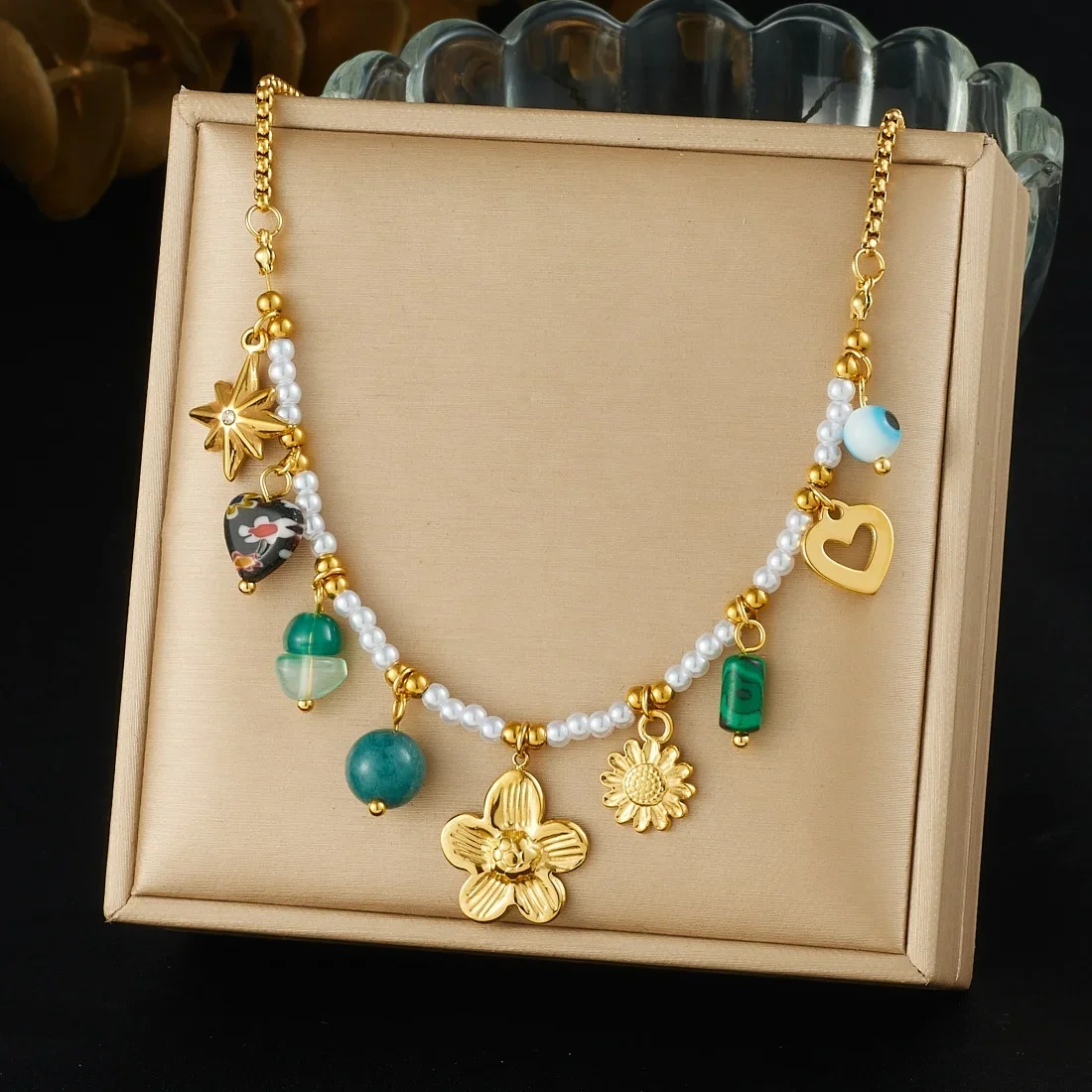 Colar Elegante De Pérolas Em Aço Inoxidável