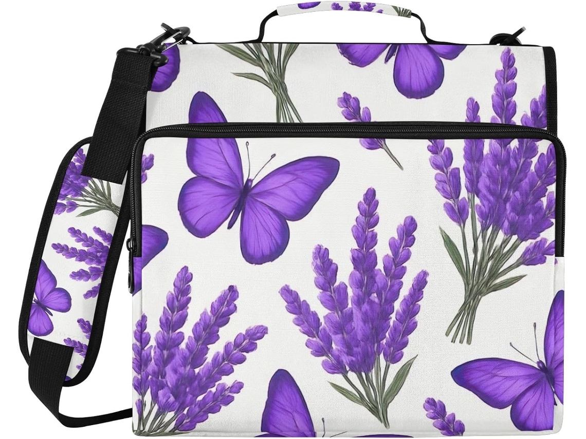 Bolsa Organizadora Com Estampa De Borboletas E Flores Lavanda, Fecho De 3 Argolas E Compartimento Laptop