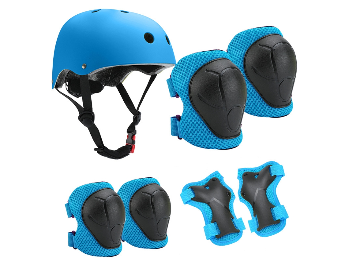 (azul) Conjunto De Equipamento De Proteção Para Crianças, Incluindo Capacete, Joelheiras, Cotoveleiras E Pulseiras Para Esportes Ao Ar Livre