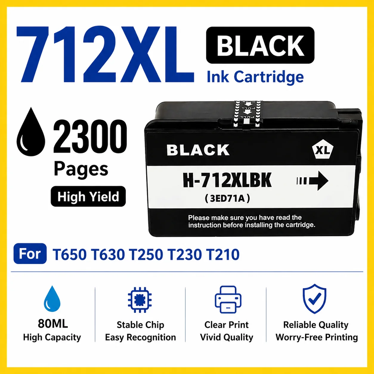 1 Tinteiro Bk712xl Para Impressoras Hp T650, T630, T250, T230 E T210, Compatível Com 2300/1500 Páginas.