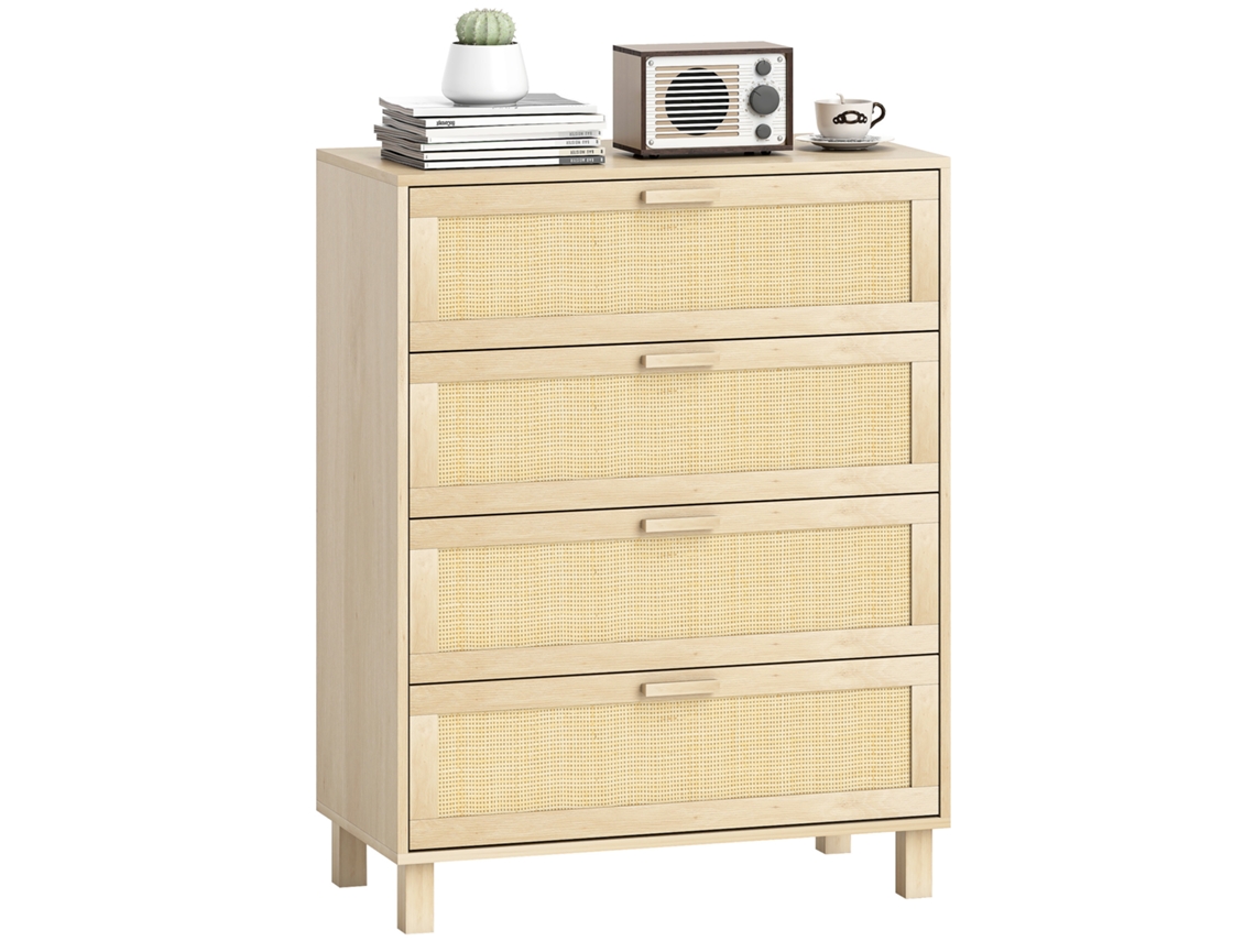 Cômoda Com 4 Gavetas E Detalhes Em Rattan, Dimensões 80 Cm (comprimento) X 40 Cm (largura) X 103 Cm (altura), Em Mdf Com Acabamento Em Madeira Clara.