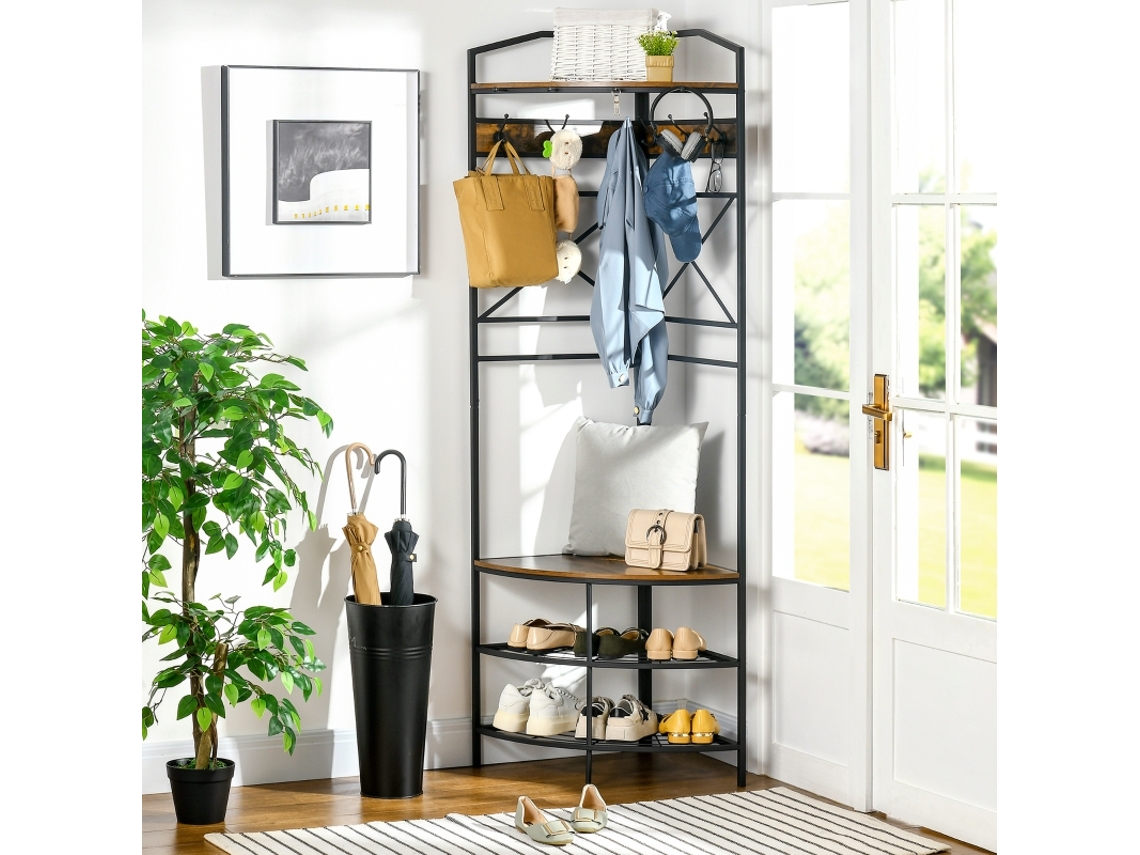 Cabide de Pé com Ganchos, Canto com Banco e Sapateira, Prateleira Estilo Industrial, 50×50×183 Cm, Castanho ZIWEI STORE