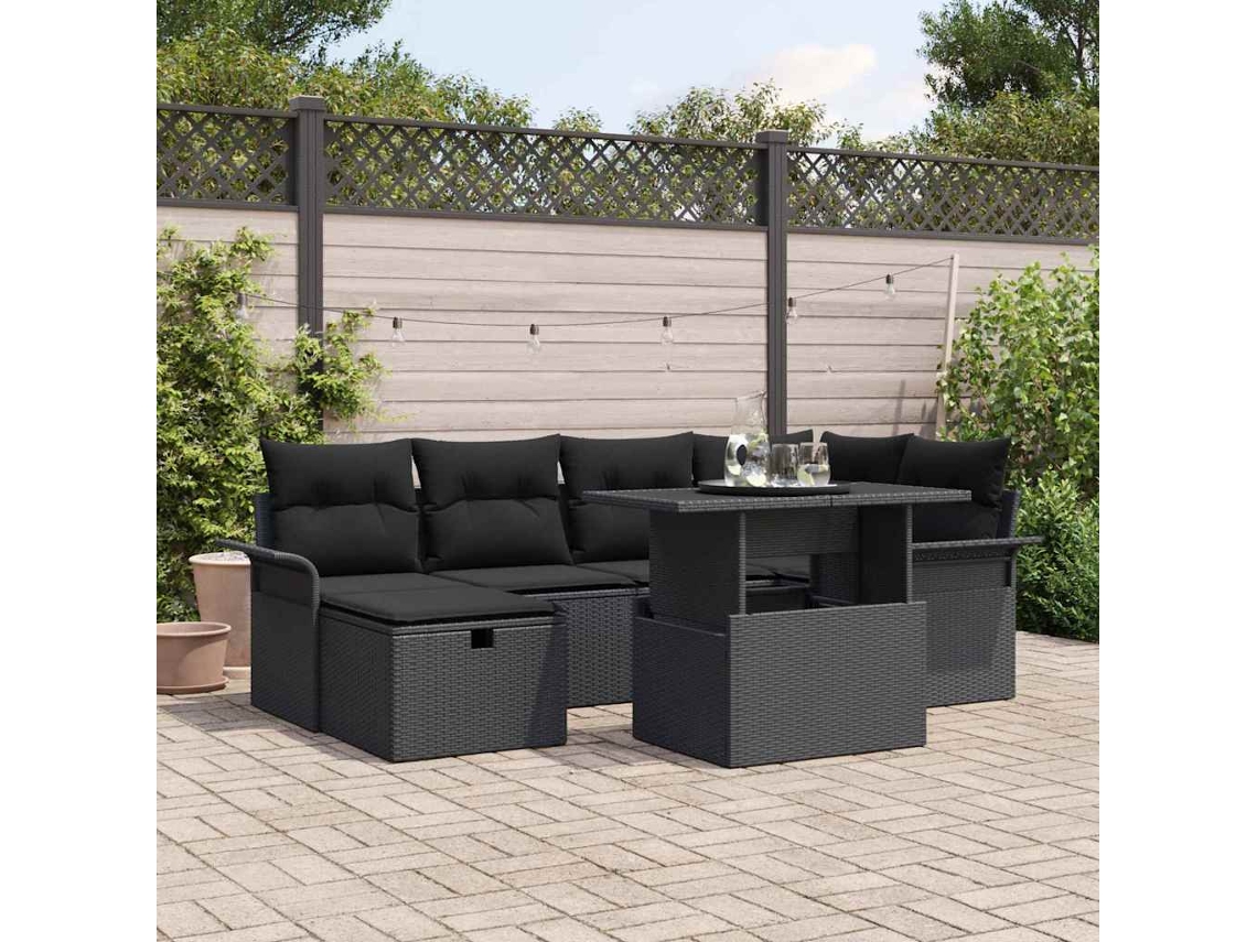 Vidaxl Conjunto De Sofá De Jardim 7 Pcs Preto Rattan Sintético