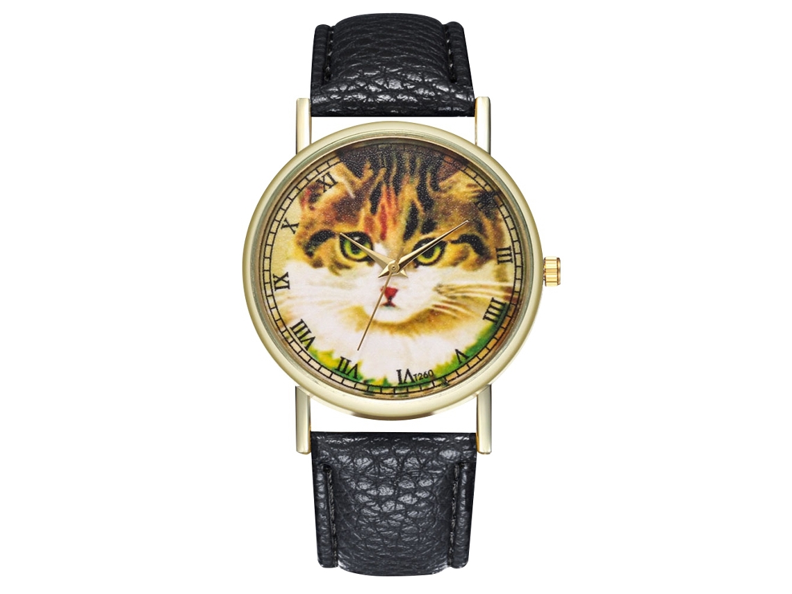 Relógio feminino em couro PU com estampa de gato, mostrador redondo, movimento de quartzo, preto.